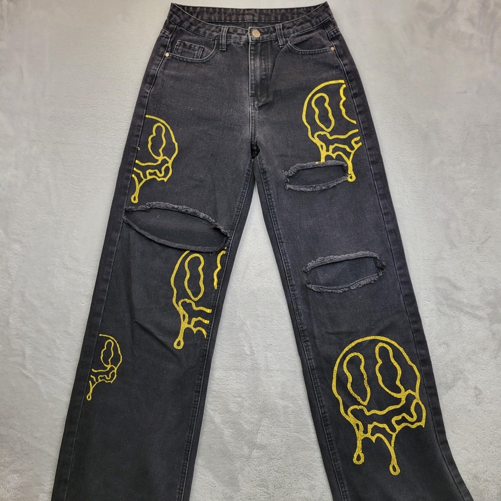Shein Jeans Womens 28 Distressed Smiley Face Melting Graphic Streetwear Pants
